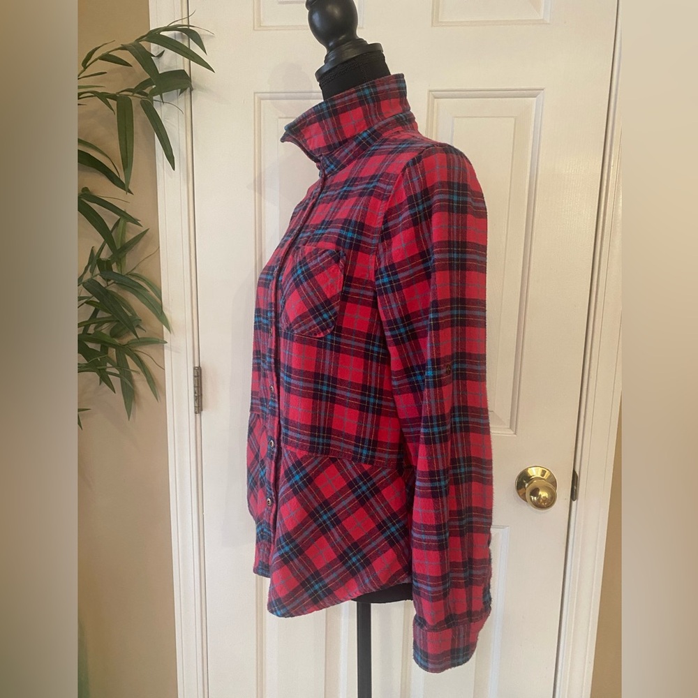 Sundance Red and Blue Plaid Peplum Shirt. - Picture 3 of 10